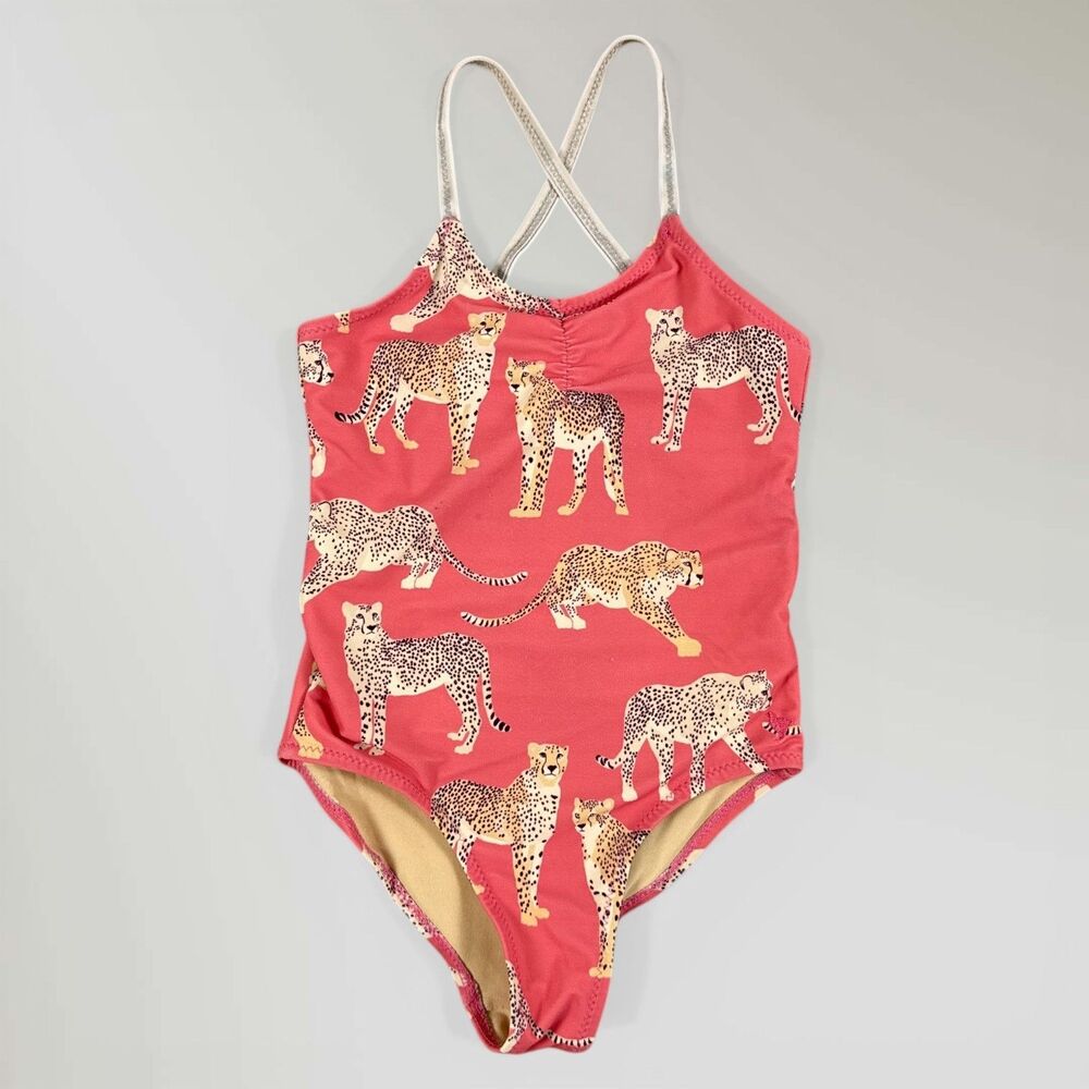 Pink Chicken Girls One-Piece Swimsuit in Coral with Leopard Print